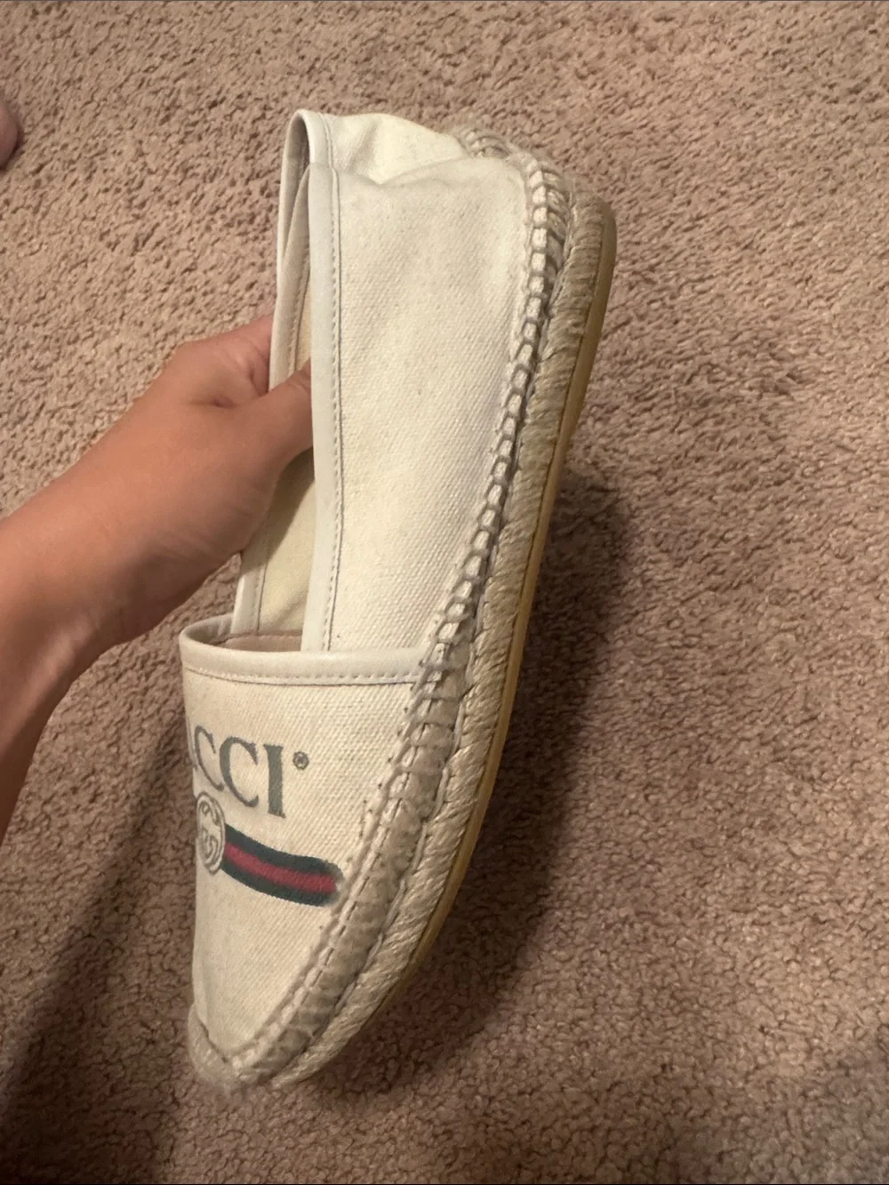 Gucci Natural Canvas Slip-On Espadrilles with Red and Green Web